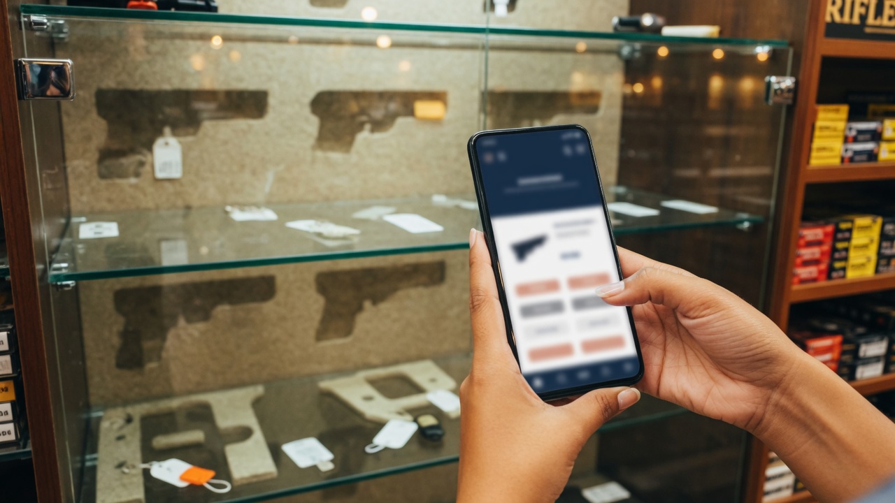 Shop floor — a shopper checks a product on their phone