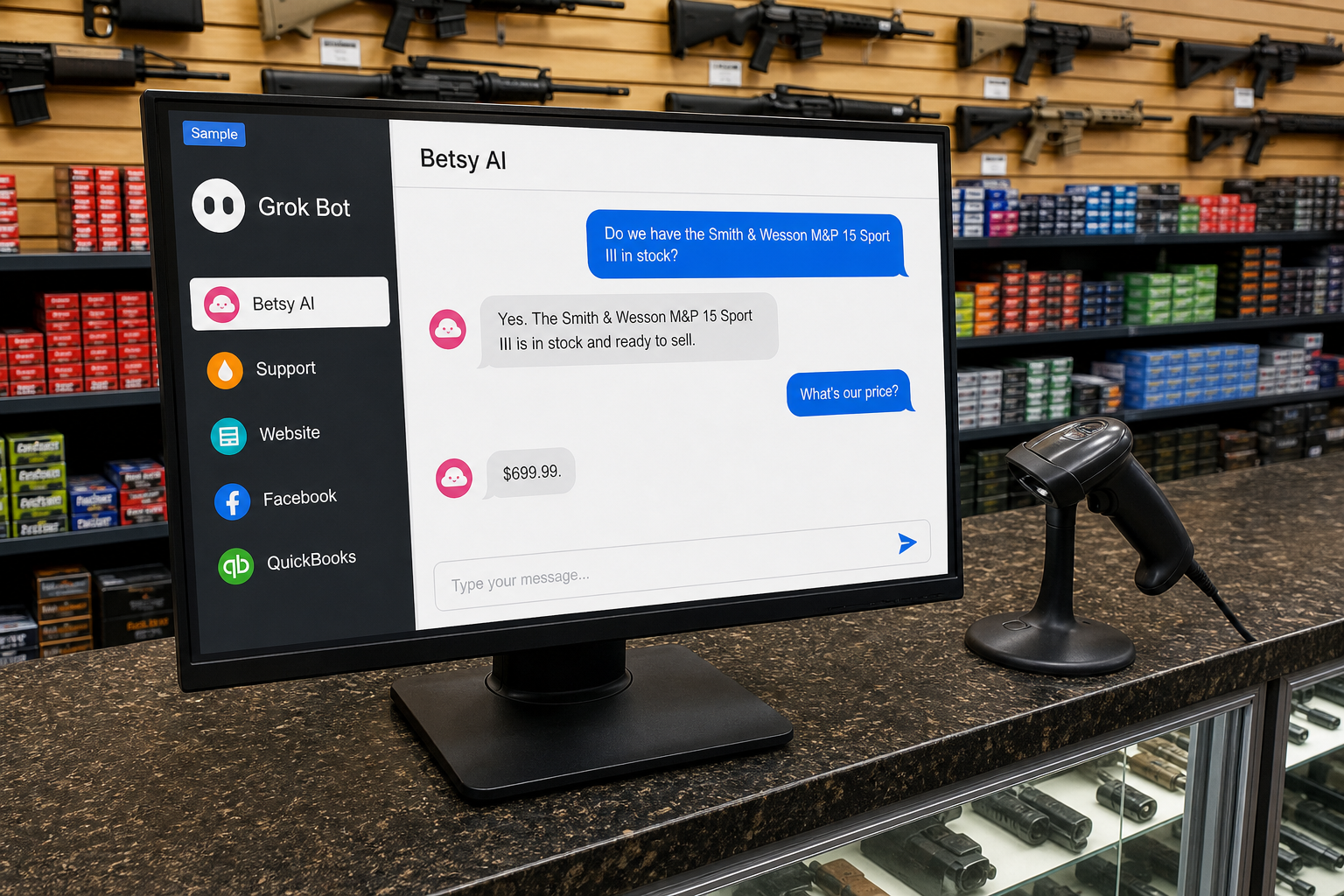 Sample Grok Bot app on a gun store counter, roster of Betsy AI, Support, Website, Facebook, and QuickBooks.